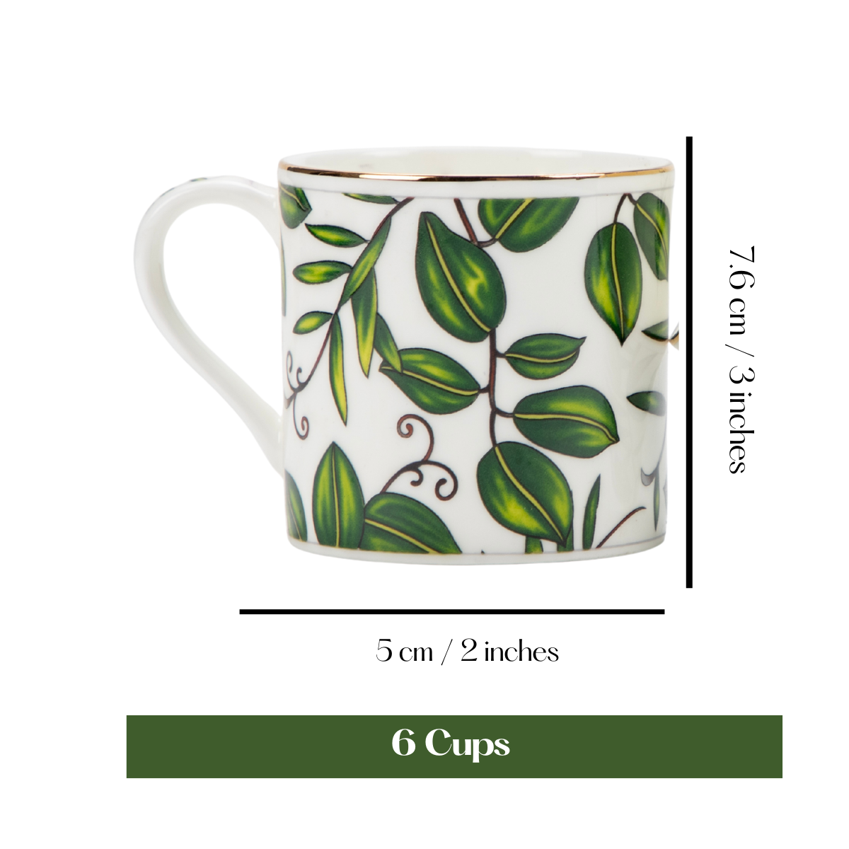 Elegant Foliage in Green Tea/ Coffee Cups - Set of 6, 200 ml