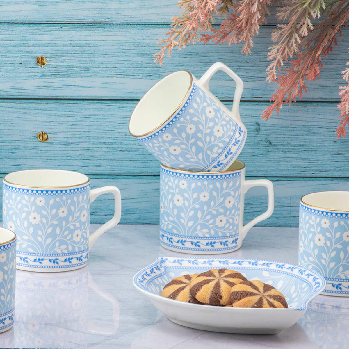 Blue Floral Tea Set & Nut Tray - 6 Cups (200ml), 1 Kettle (1000ml), 2 Snack Trays
