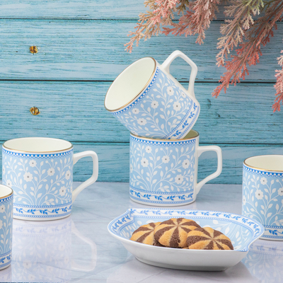 Blue Floral Tea Set & Nut Tray - 6 Cups (200ml), 1 Kettle (1000ml), 2 Snack Trays