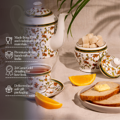 Chinar Bloom Tea Set | Cup, Saucer & Kettle | Handcrafted Elegance (15 pieces)