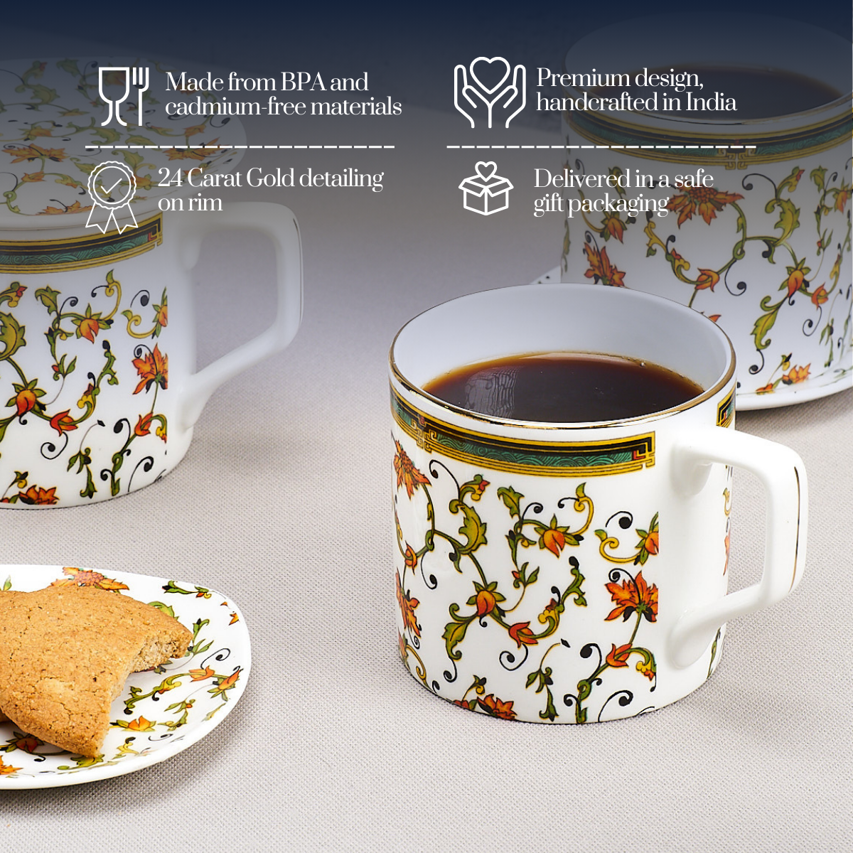 Chinar Bloom Tea Cups & Coaster Set - Set of 6 Cups & 6 Coasters, 200 ml