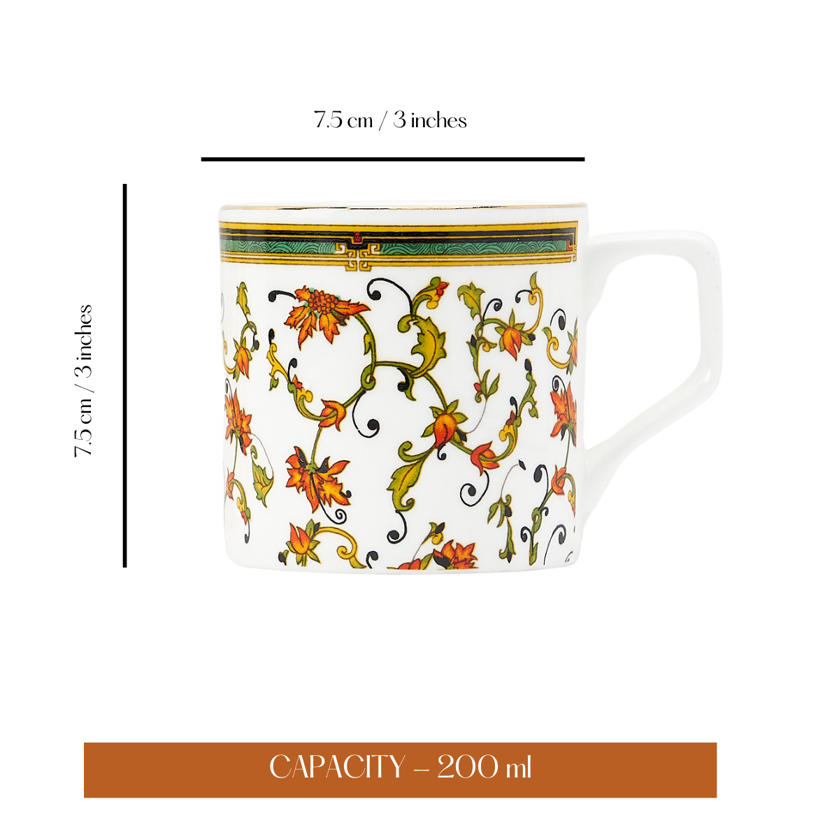 Chinar Bloom Tea Cups & Coaster Set - Set of 6 Cups & 6 Coasters, 200 ml