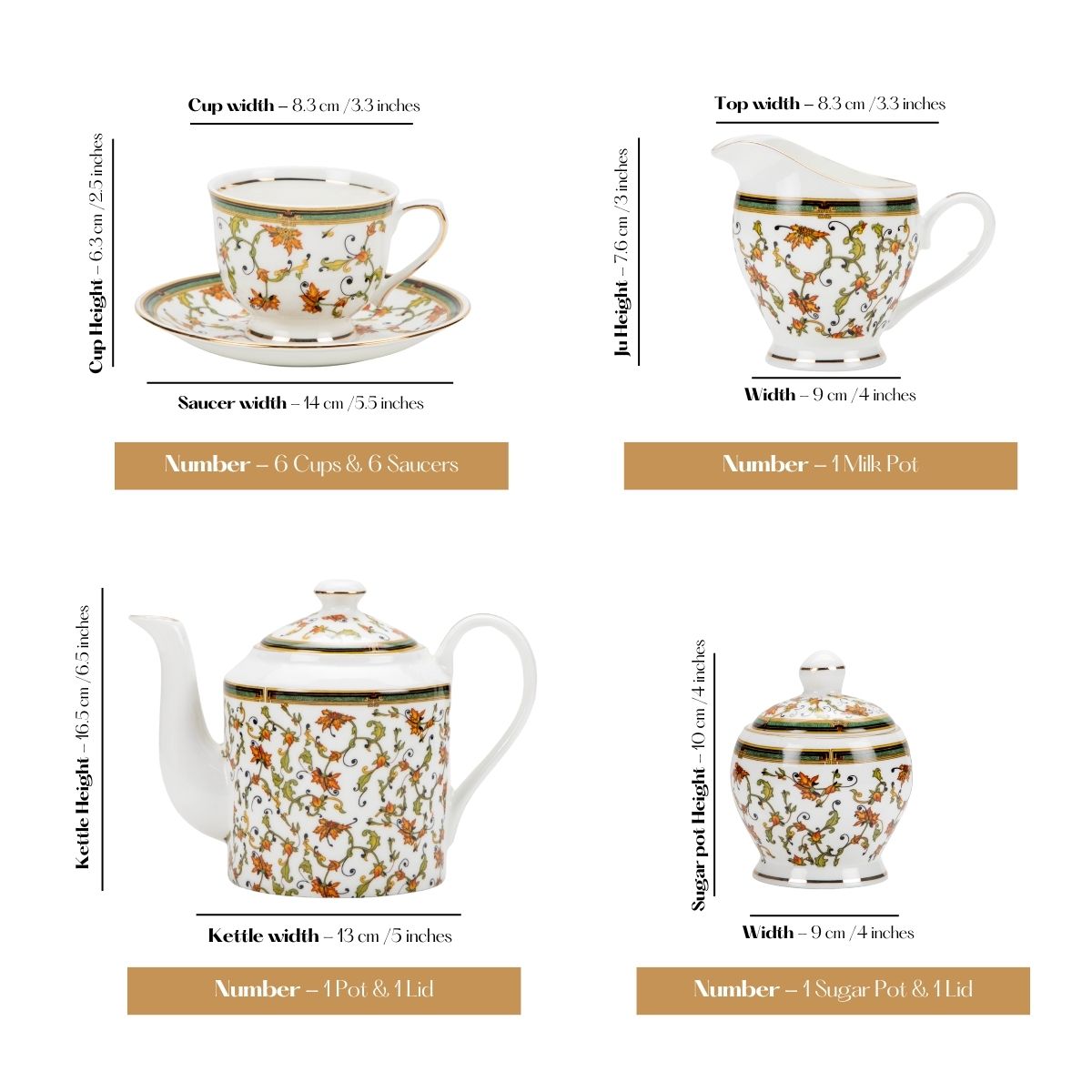 Chinar Bloom Tea Set | Cup, Saucer & Kettle | Handcrafted Elegance (15 pieces)