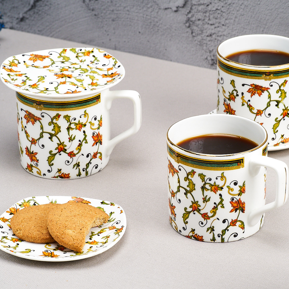 Chinar Bloom Tea Cups & Coaster Set - Set of 6 Cups & 6 Coasters, 200 ml