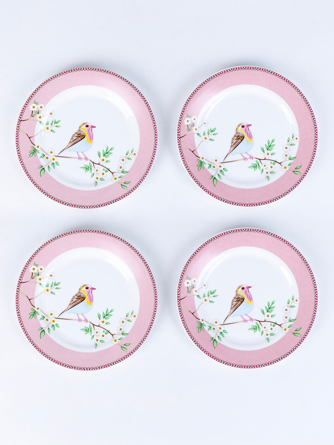 Little Birdie in Pink Ceramic Dinner Set – 12 Piece Crockery, Elegant Floral Design, Serving 4