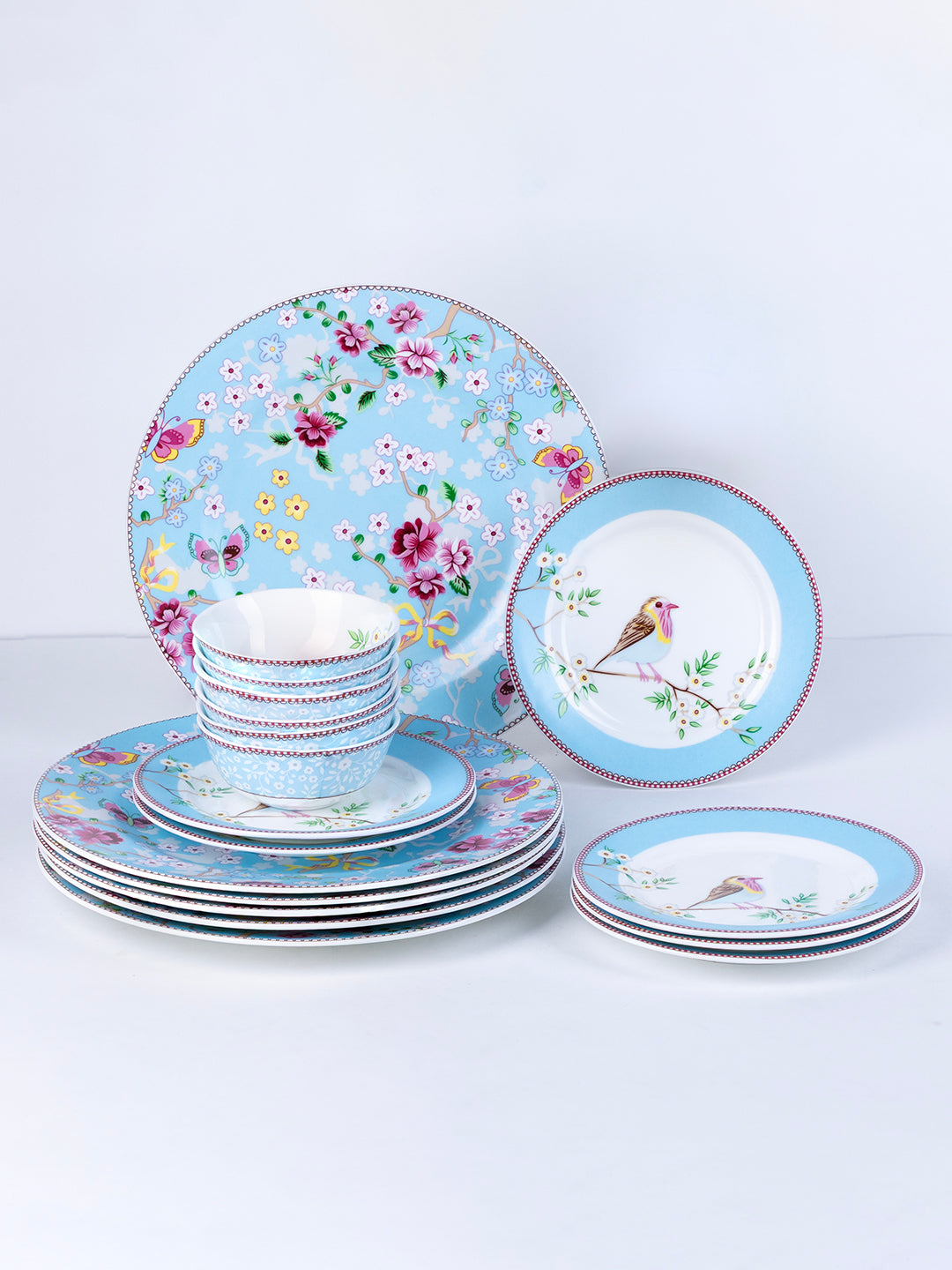 Little Birdie in Blue Ceramic Dinner Set – 12 Piece Crockery, Elegant Floral Design, Serving 4