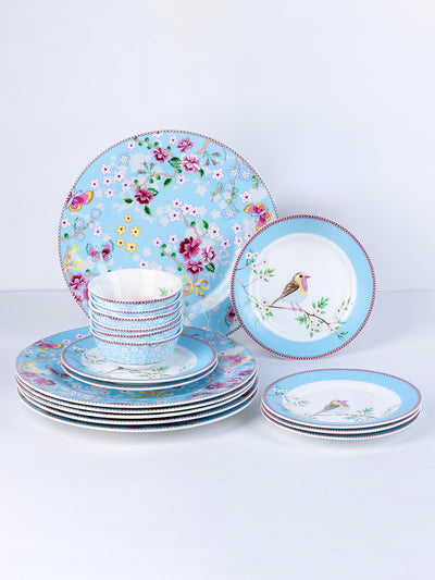 Little Birdie in Blue Ceramic Dinner Set – 12 Piece Crockery, Elegant Floral Design, Serving 4