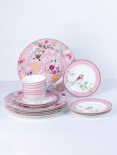 Little Birdie in Pink Ceramic Dinner Set – 12 Piece Crockery, Elegant Floral Design, Serving 4