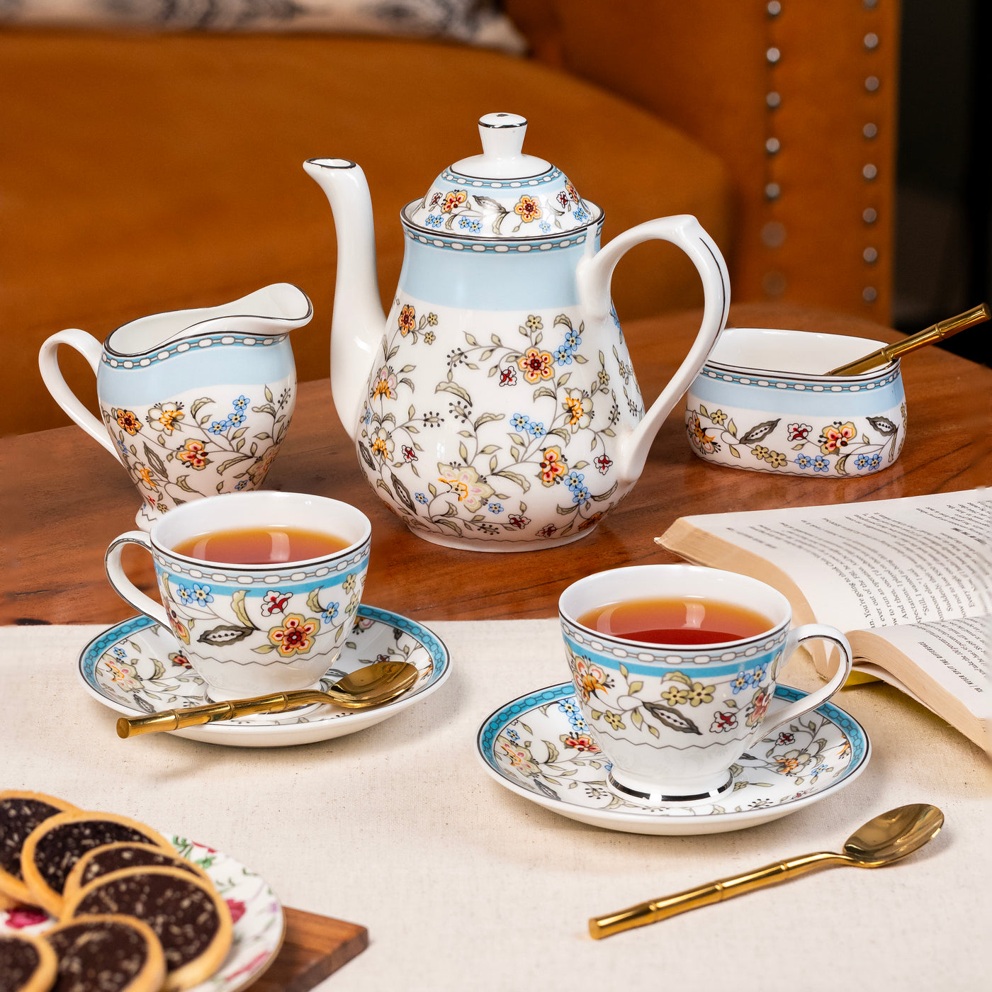 Blue Botanicals 15 piece Tea Set - 6 Cups & 6 Saucer, 1 Kettle, 1 Milk Pot & 1 Sugar Pot