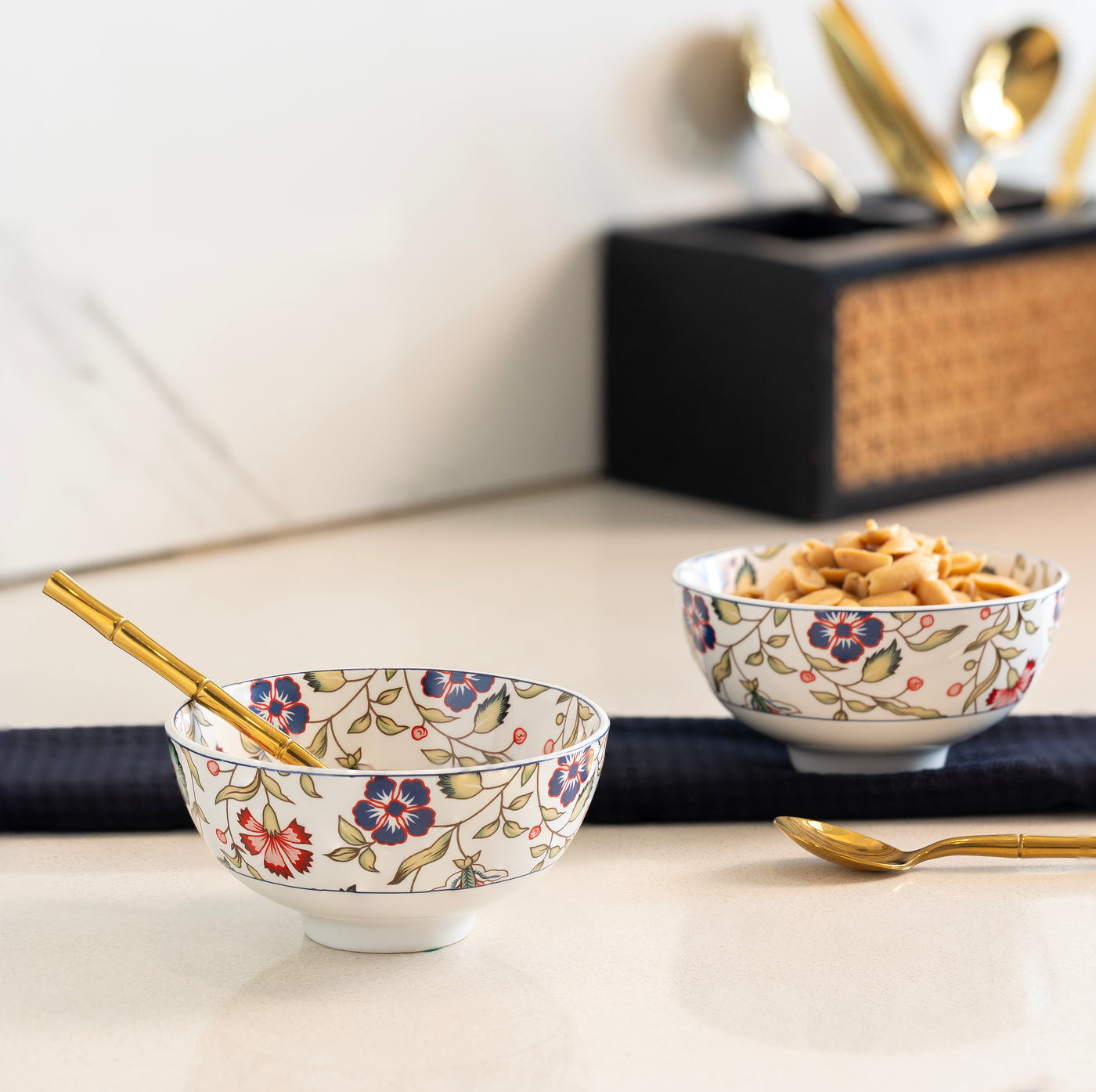 Emerald Bloom Porcelain Bowls for Snacks- Set of 4 Pieces, 5 inch Wide