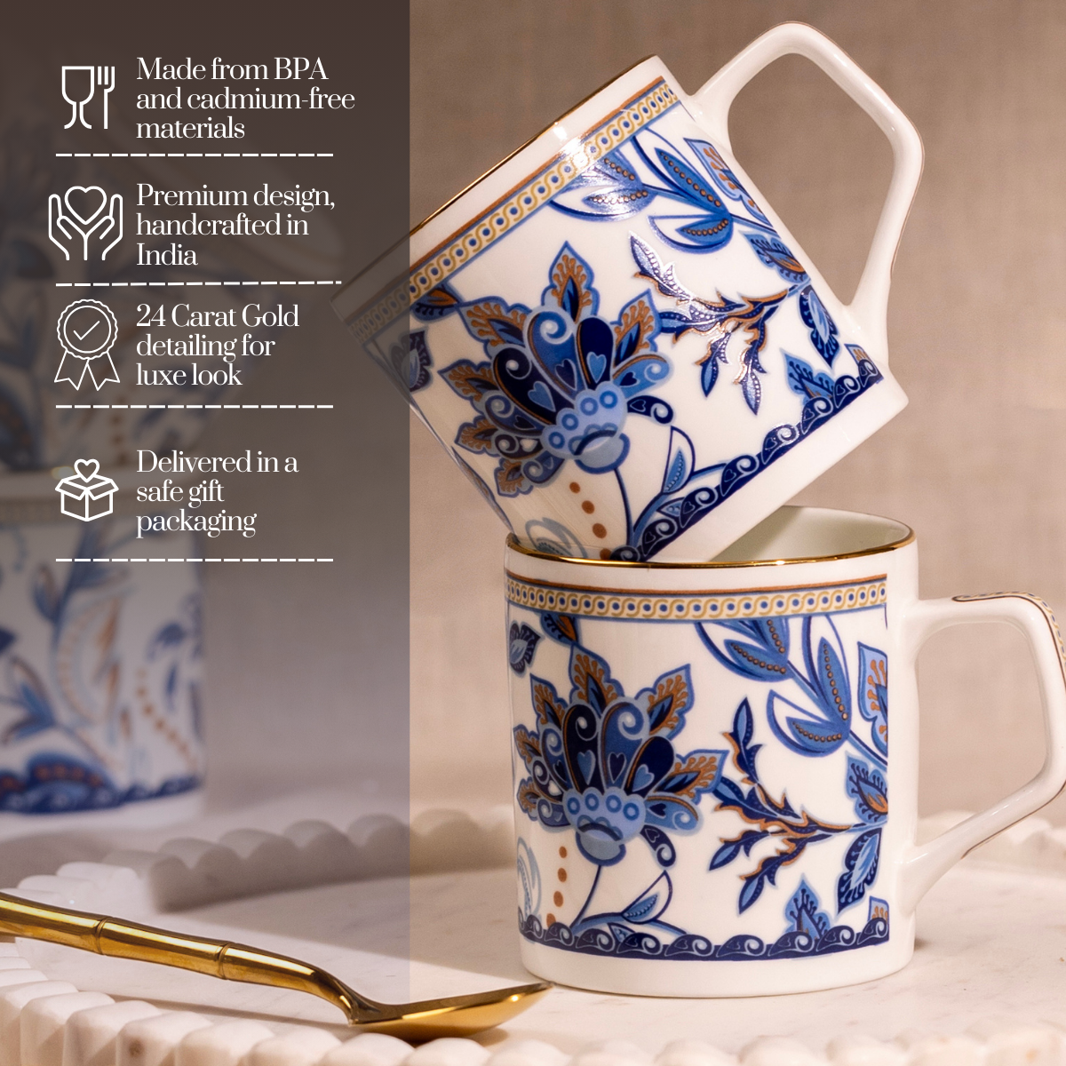 Blue Blossom Tea/ Coffee Cups - Set of 6, 200 ml