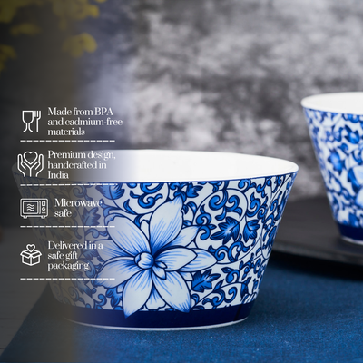 Floral Indigo snack bowls - Set of 2 (5 inch wide, 350ML capacity)