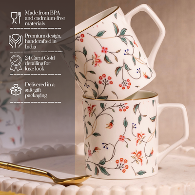 Leafy Blush & Pink Charm Tea & Coffee Cups - Set of 6, 200 ml