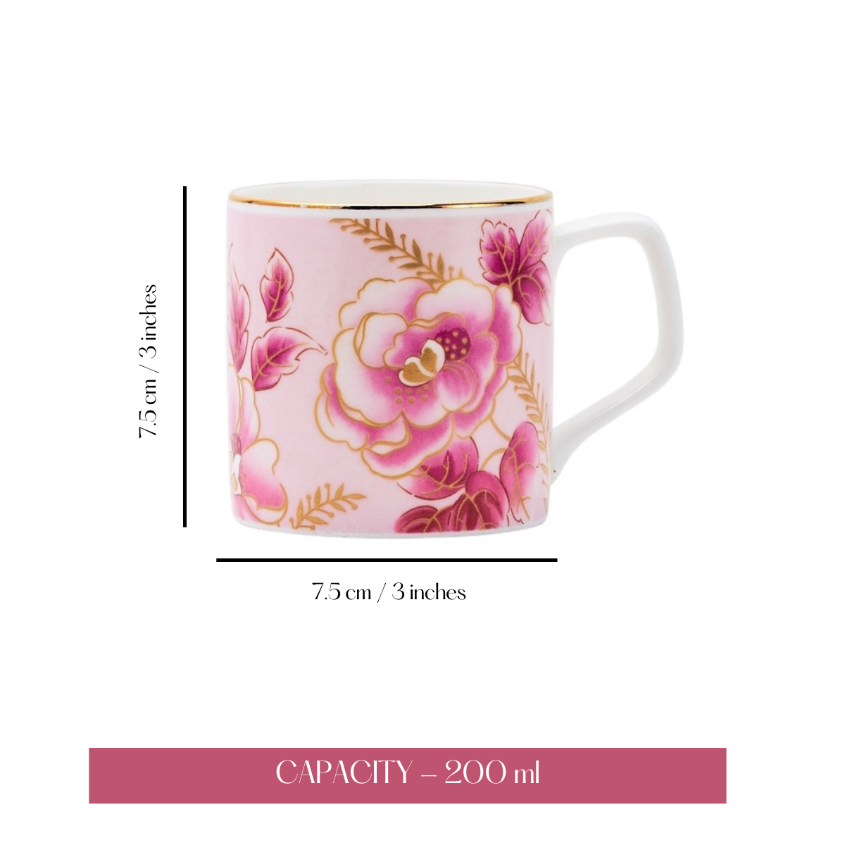 Pink & Gold Blossom Luxury Bone China Tea & Coffee Cup Set – 6 Cups, 200 ml, Elegant Gold Floral Design