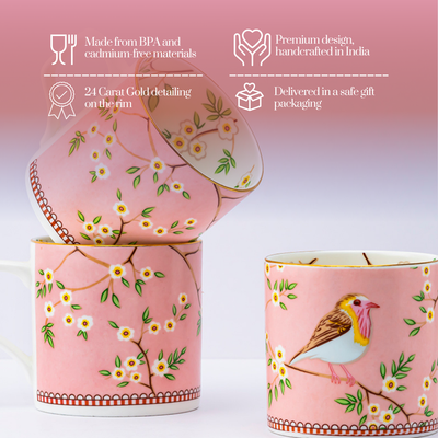 Little birdie in Pink Tea/ Coffee Cups - Set of 6 , 200 ml