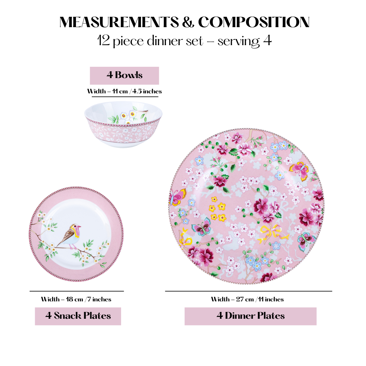 Little Birdie in Pink Ceramic Dinner Set – 12 Piece Crockery, Elegant Floral Design, Serving 4