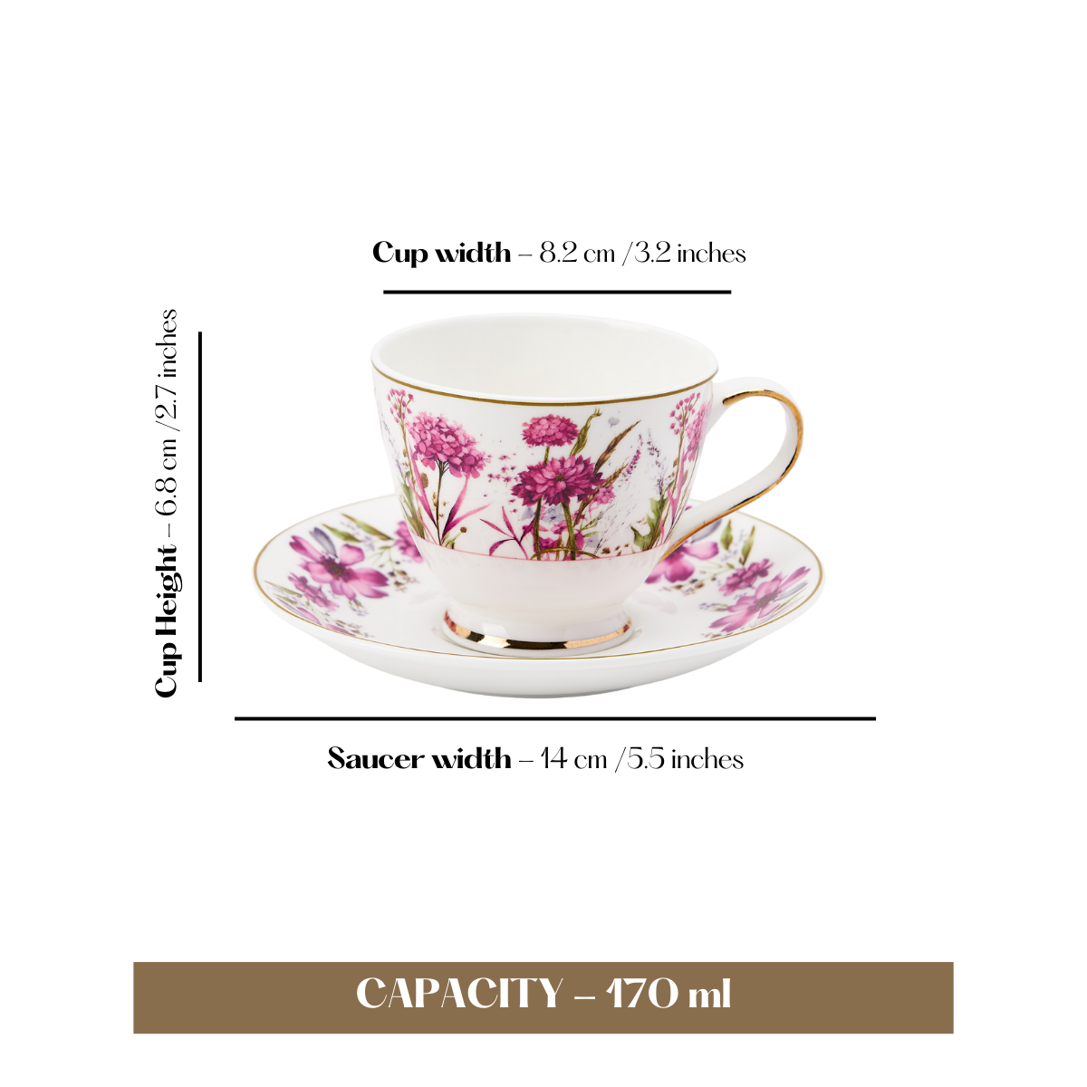 Wild Bush & Pink Florals Cup & Saucer Set | 6 Cups & 6 Saucers
