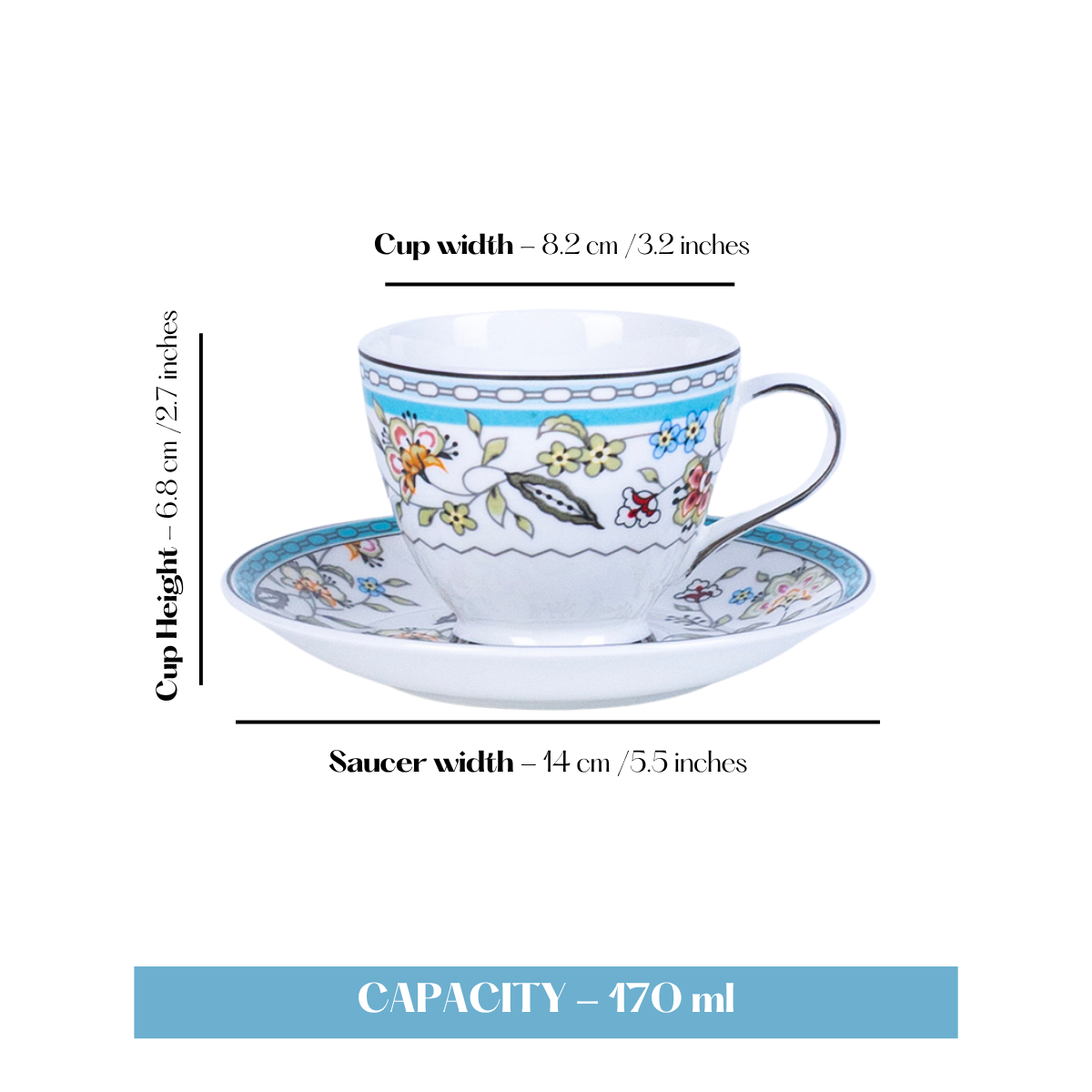 Blue Botanicals Cup & Saucer Set | 6 Cups & 6 Saucers