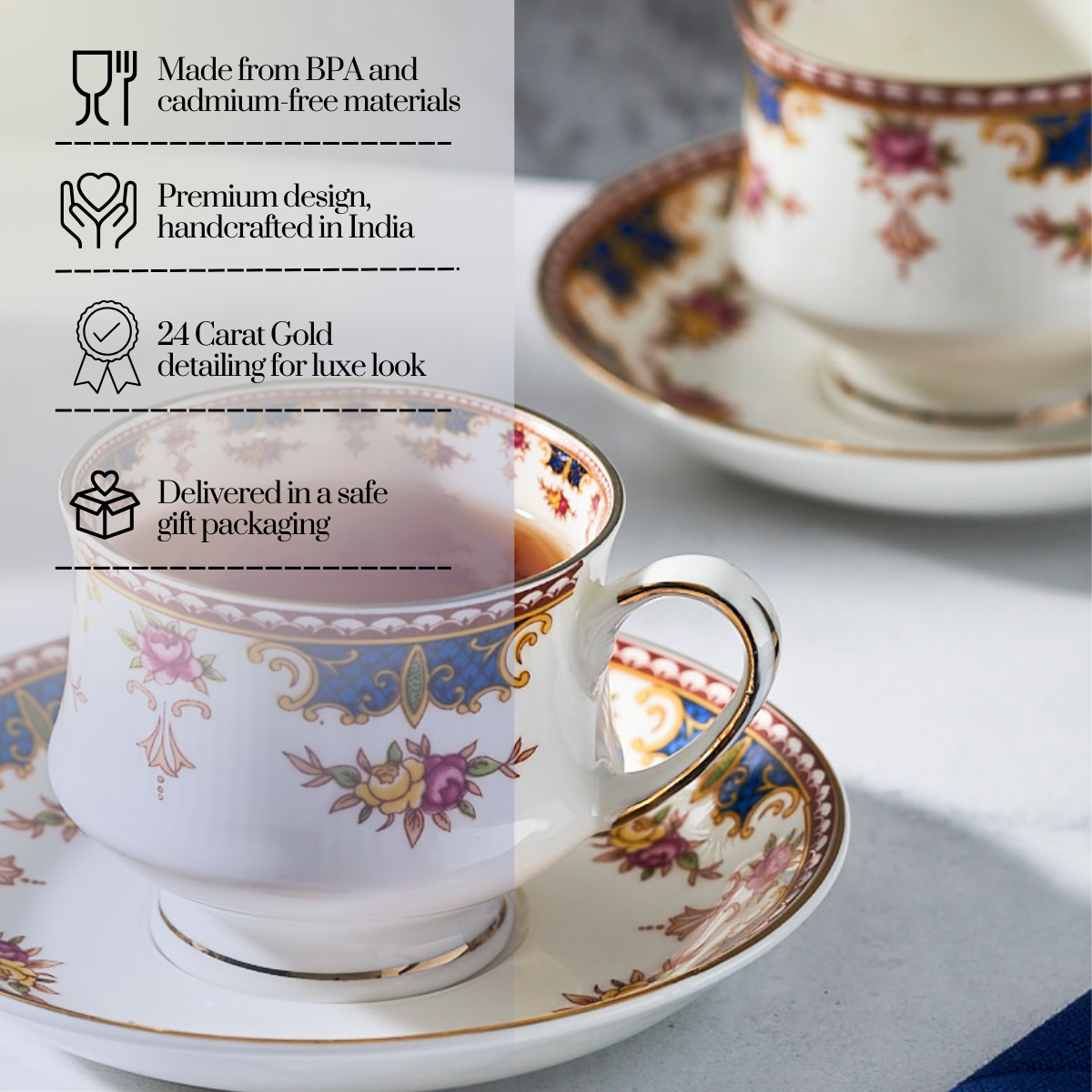 Blush & Blue Cascade Cup & Saucer Set | 6 Cups & 6 Saucers