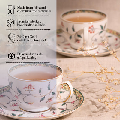 Leafy Blush & Pink Charm Cup & Saucer Set | 6 Cups, 6 Saucers & 6 Spoons