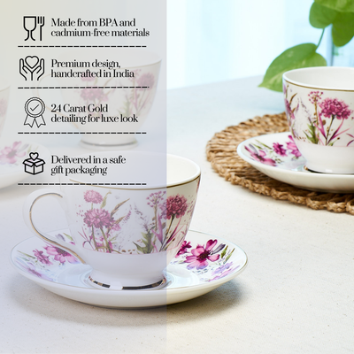 Wild Bush & Pink Florals Cup & Saucer Set | 6 Cups & 6 Saucers