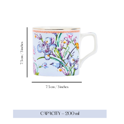 Blue Floral Songbird Tea & Coffee Cup Set – 6 Cups, 200 ml, Luxury Ceramic Floral Crockery