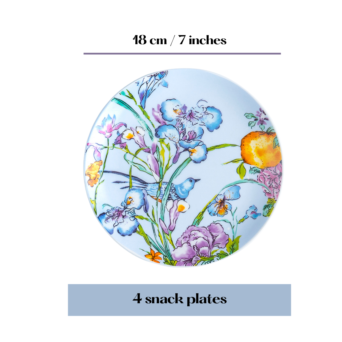 Blue Floral Songbird snack plates - Set of 4 (7 inch each)