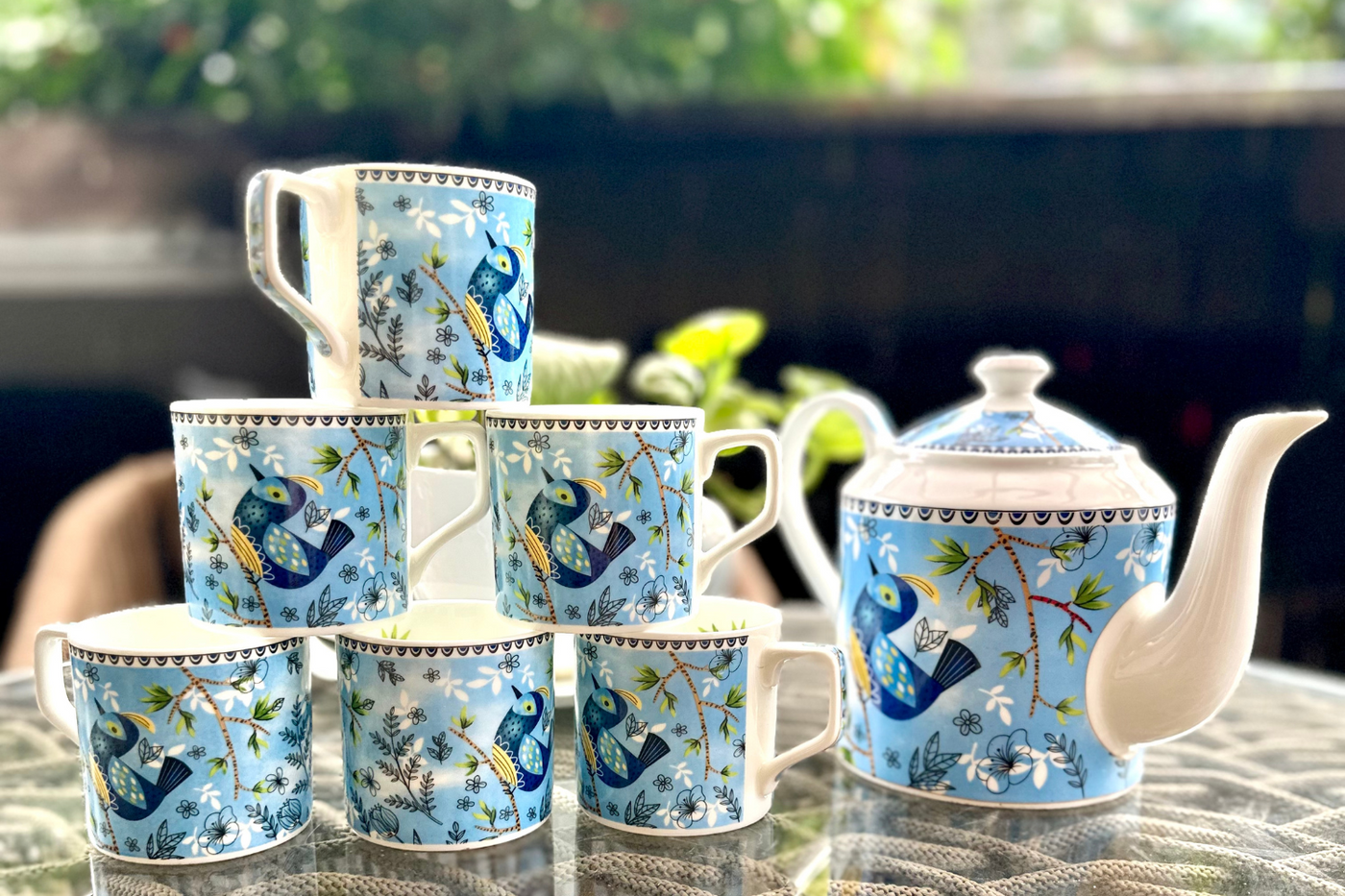 Heritage Birds & Leaves in Blue Coffee Set - 6 Cups & 1 Kettle