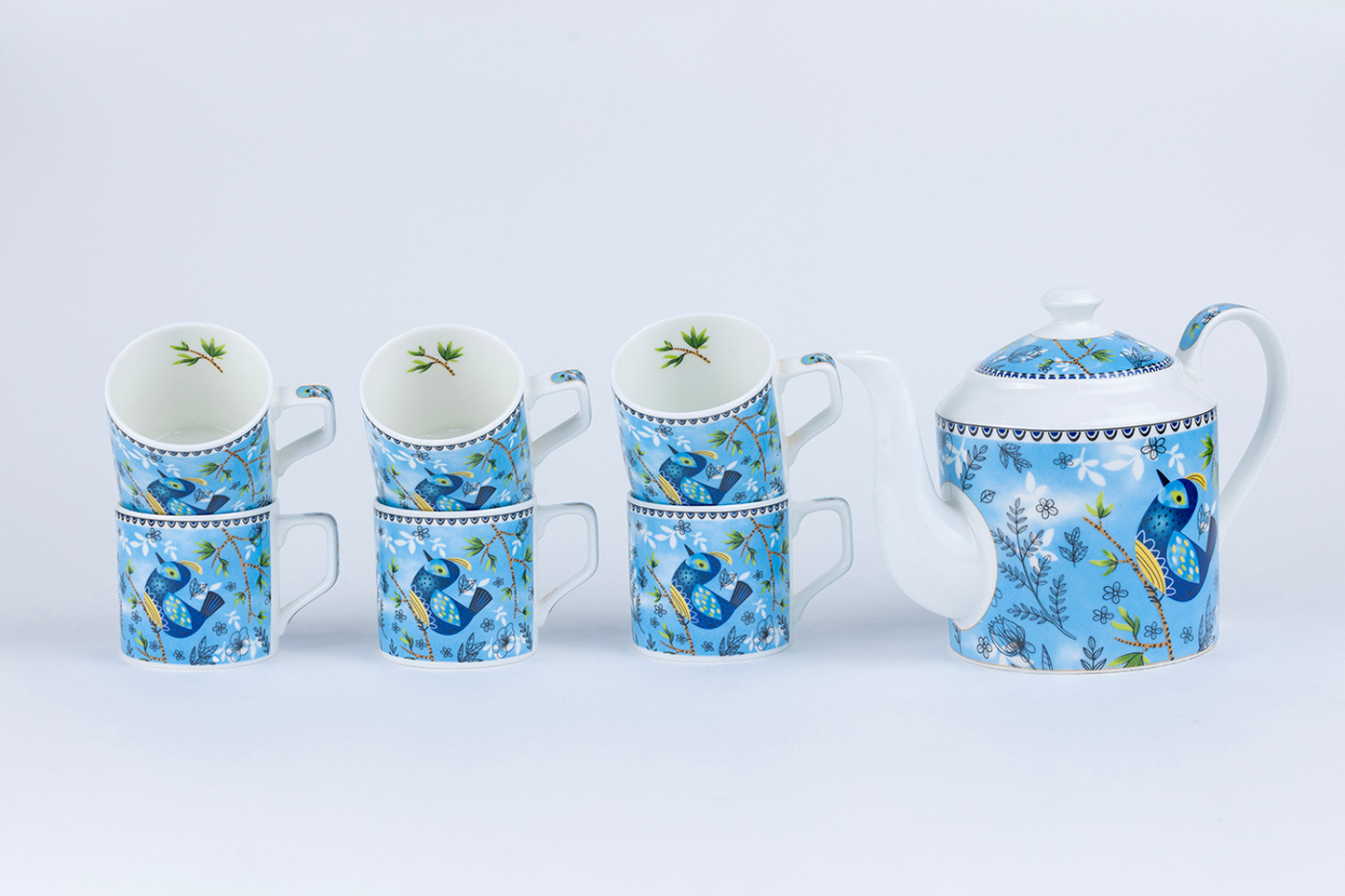 Heritage Birds & Leaves in Blue Coffee Set - 6 Cups & 1 Kettle