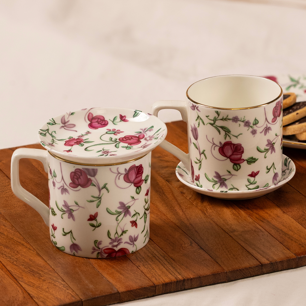 Button Rose Tea Cup & Coaster Set – 6 Cups + 6 Coasters, 200 ml, Premium Floral Ceramic Gift Set