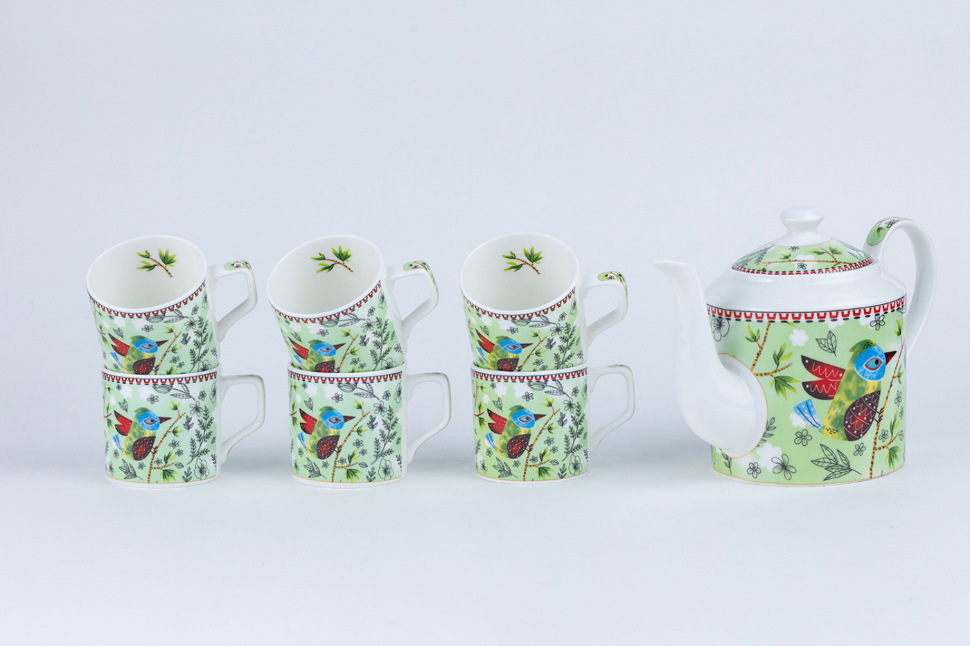 Heritage Birds & Leaves in Green Coffee Set - 6 Cups & 1 Kettle