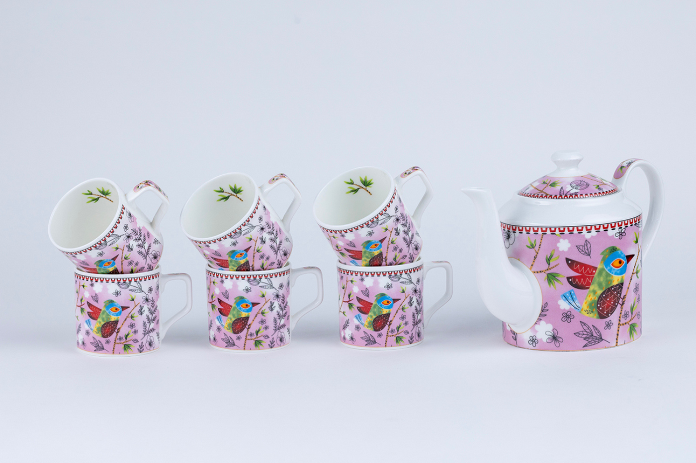 Heritage Birds & Leaves in Pink Coffee Set - 6 Cups & 1 Kettle