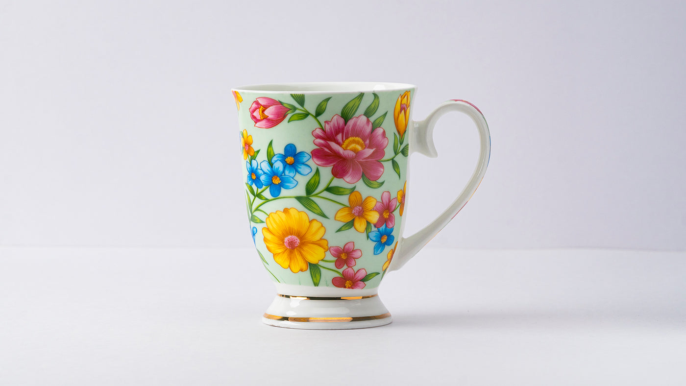 Green floral footed mug – Set of 2