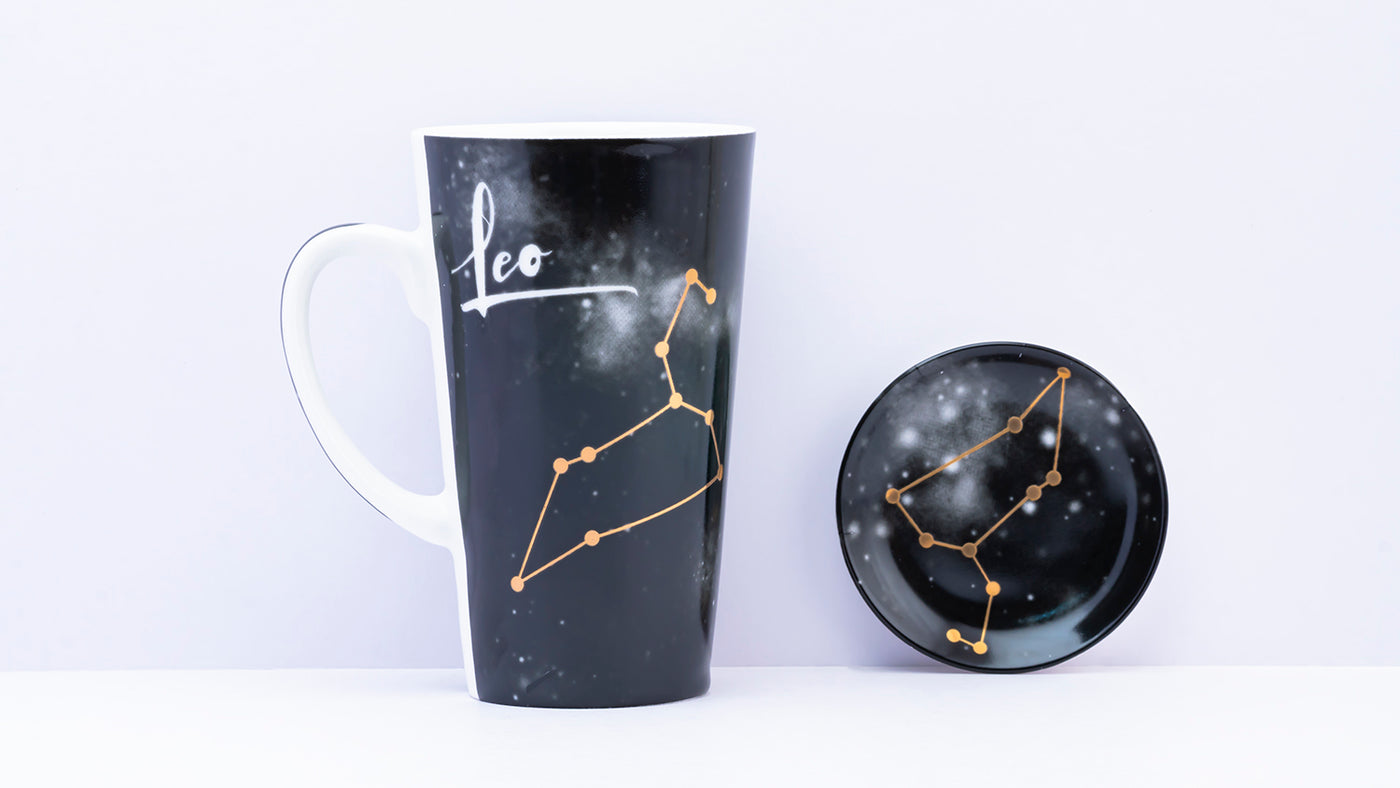 Zodiac Symphony (Leo black) mug– Set of 1 tall mug & coaster