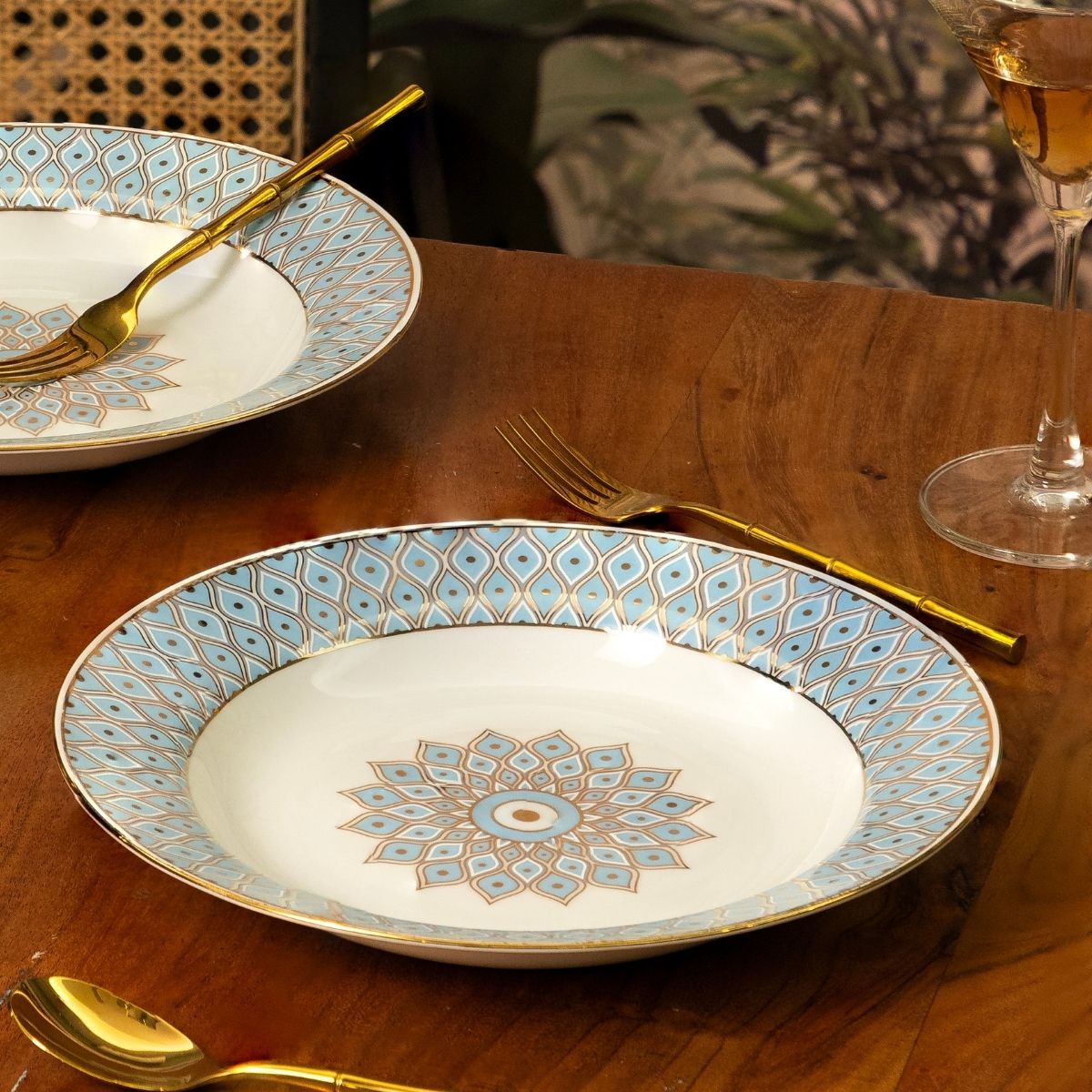 Majestic Blue Mosaic Pasta Plates (24K Gold detailing) | 10.5 Inch Wide - Set of 2