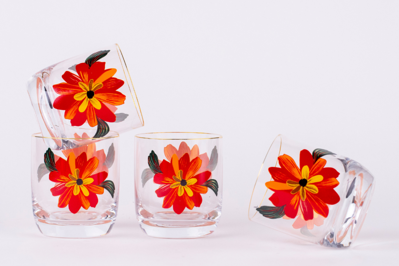 Crimson Petals & Gold Rimmed Tumblers – Set of 6