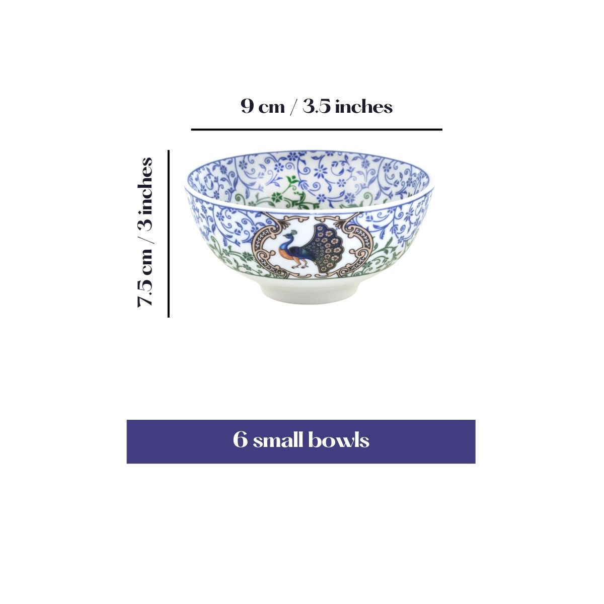 Indian Peafowl mini porcelain bowls for dessert - Set of 6 Pieces, 3.5 inch Wide