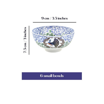 Indian Peafowl mini porcelain bowls for dessert - Set of 6 Pieces, 3.5 inch Wide
