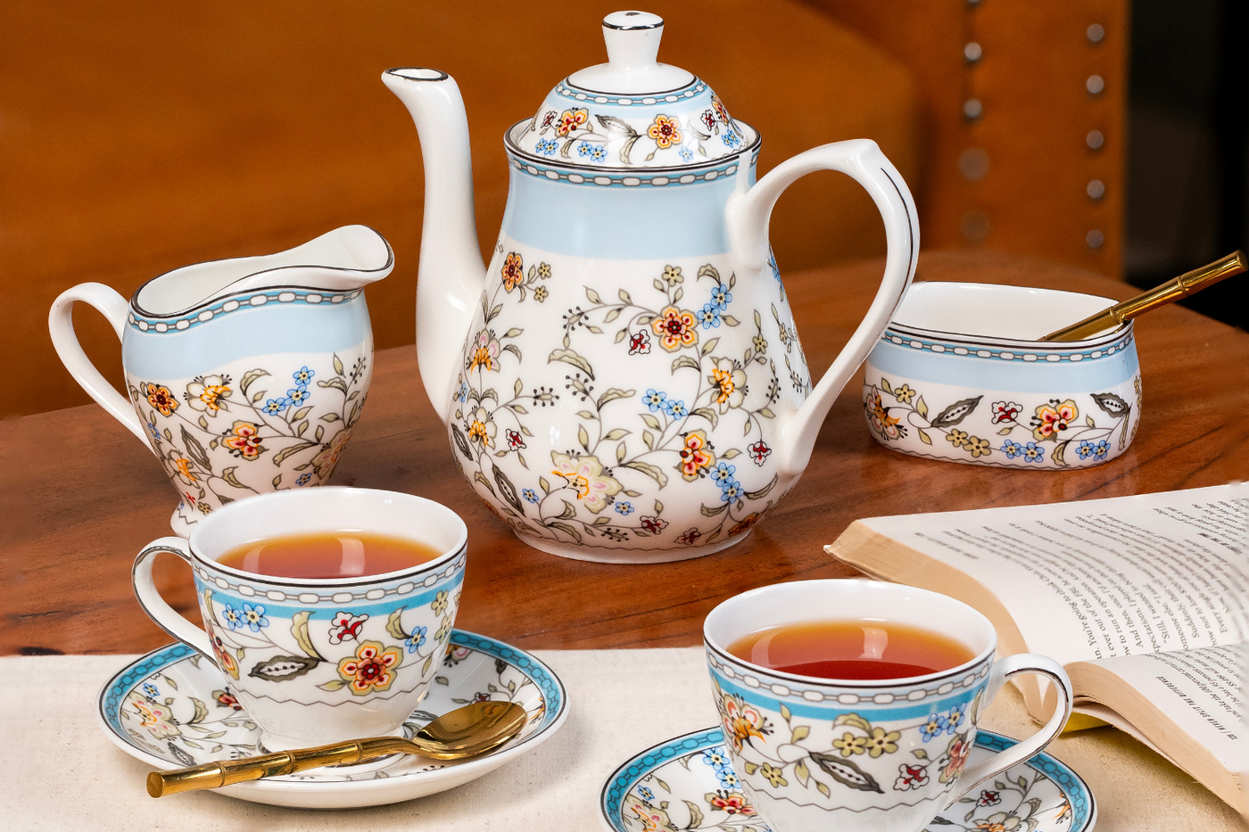Blue Botanicals Tea Set | Cup, Saucer & Kettle | Handcrafted Elegance (15 pieces)