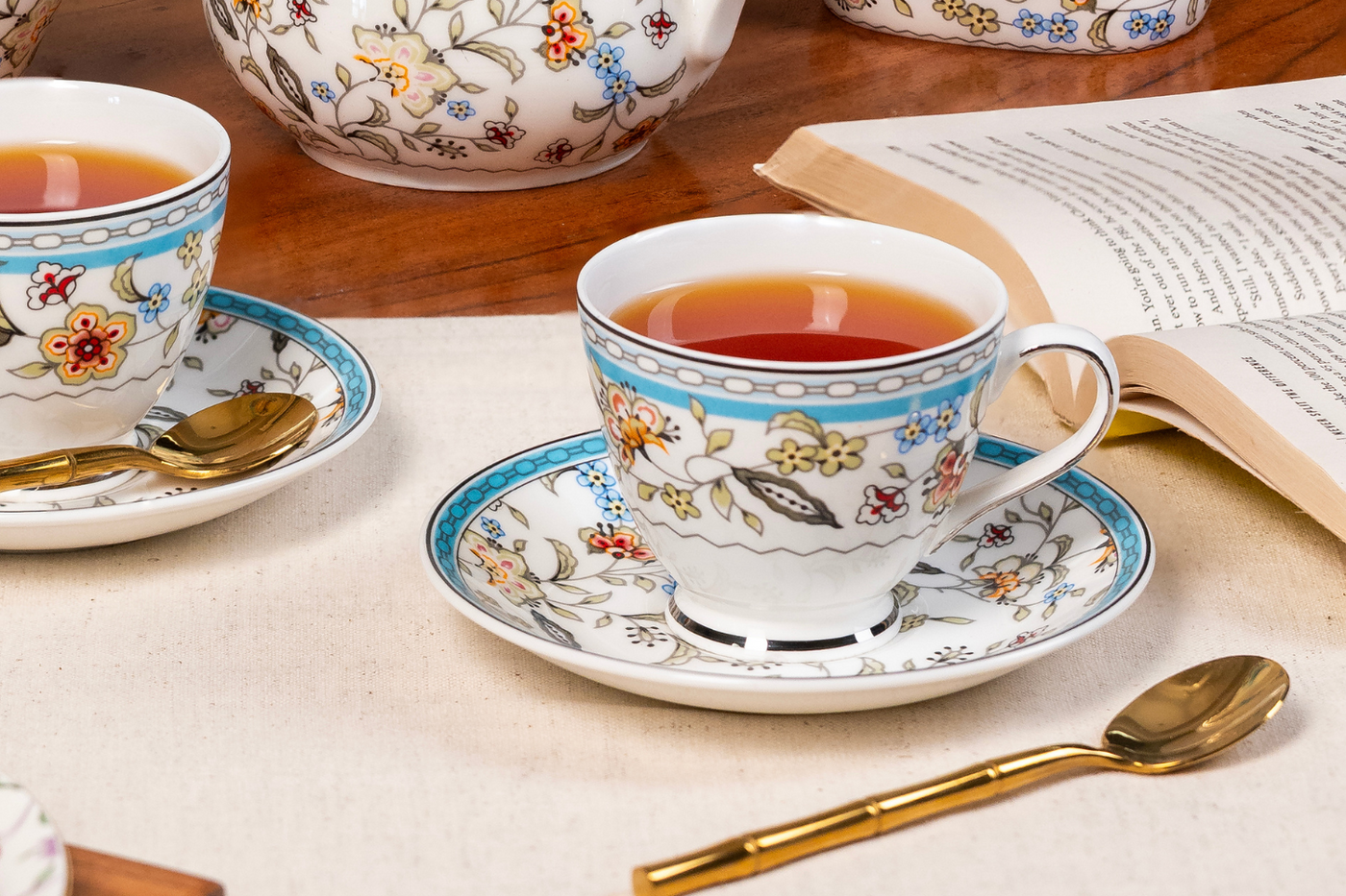 Blue Botanicals Tea Set | Cup, Saucer & Kettle | Handcrafted Elegance (15 pieces)