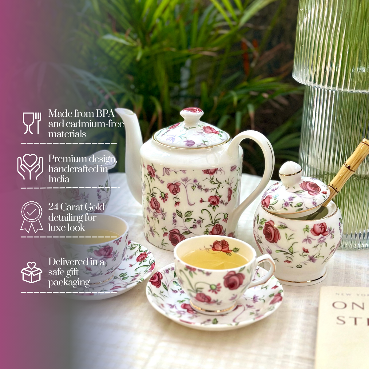 Button Rose 15 piece Tea Set - 6 Cups & 6 Saucer, 1 Kettle, 1 Milk Pot & 1 Sugar Pot