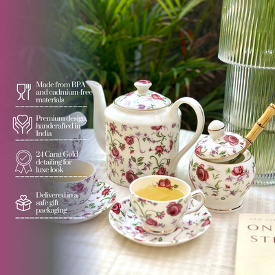 Button Rose 15 piece Tea Set - 6 Cups & 6 Saucer, 1 Kettle, 1 Milk Pot & 1 Sugar Pot