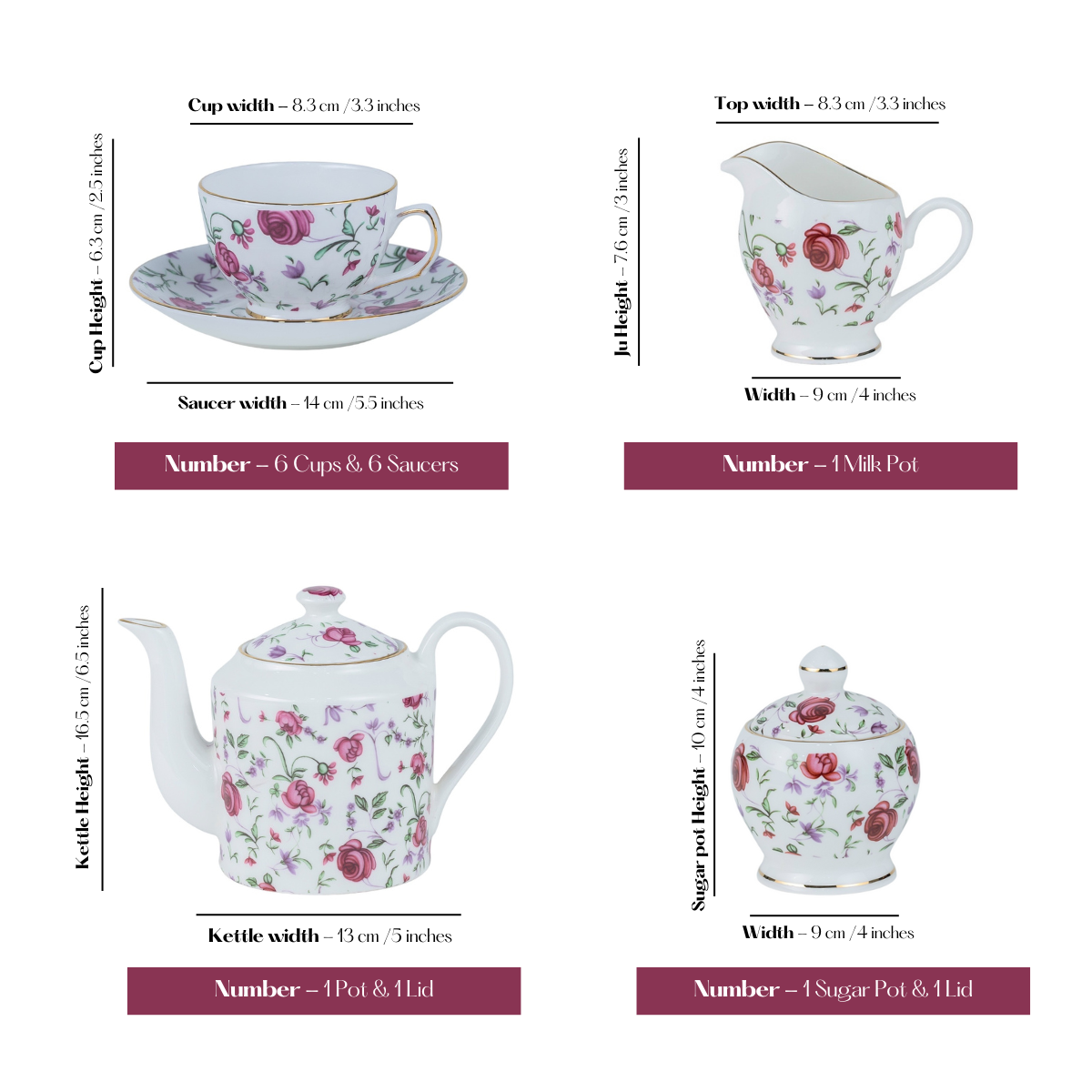 Button Rose 15 piece Tea Set - 6 Cups & 6 Saucer, 1 Kettle, 1 Milk Pot & 1 Sugar Pot