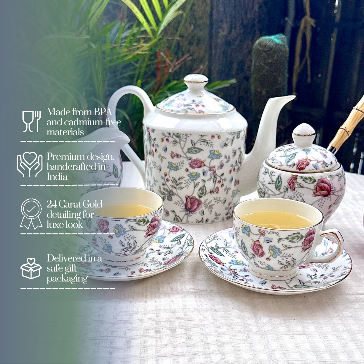 Pink Shrub 15 piece Tea Set - 6 Cups & 6 Saucer, 1 Kettle, 1 Milk Pot & 1 Sugar Pot