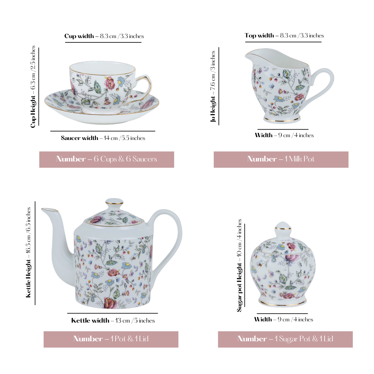 Pink Shrub 15 piece Tea Set - 6 Cups & 6 Saucer, 1 Kettle, 1 Milk Pot & 1 Sugar Pot