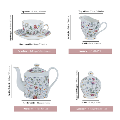 Pink Shrub 15 piece Tea Set - 6 Cups & 6 Saucer, 1 Kettle, 1 Milk Pot & 1 Sugar Pot