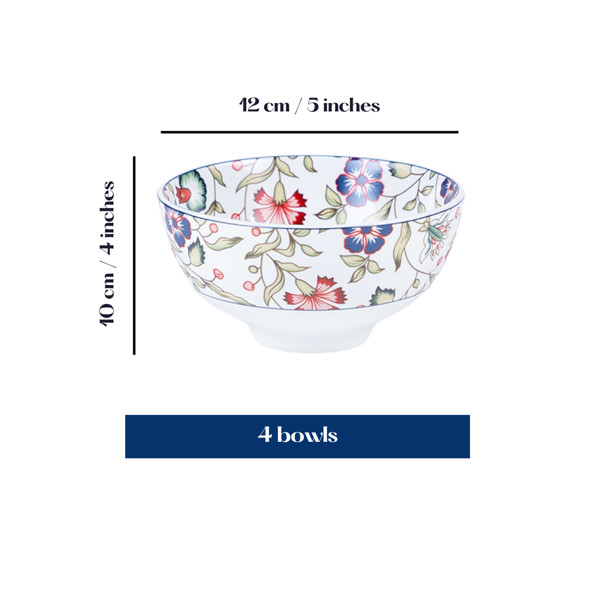 Emerald Bloom Porcelain Bowls for Snacks- Set of 4 Pieces, 5 inch Wide