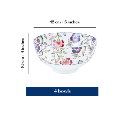 Emerald Bloom Porcelain Bowls for Snacks- Set of 4 Pieces, 5 inch Wide