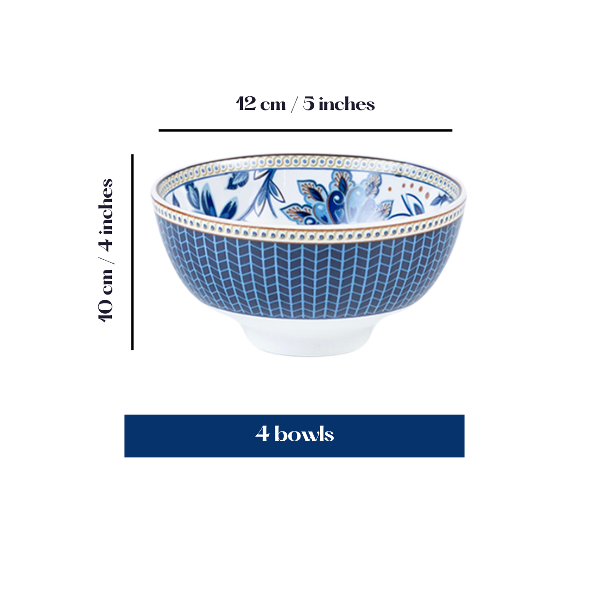 Blue Blossom Porcelain Bowls for Snacks - Set of 4 Pieces, 5 inch Wide