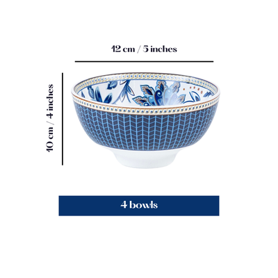 Blue Blossom Porcelain Bowls for Snacks - Set of 4 Pieces, 5 inch Wide